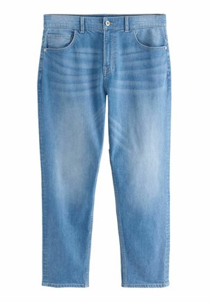 Gai zilā džinsu bikses ar taisnu kāju dizainu, piecām kabatām un vieglu novecošanu. Iespējama pogu aizdare un jostu cilpas.