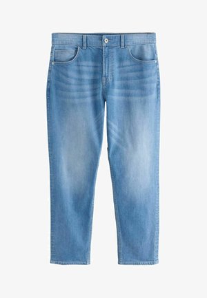 Világoskék farmernadrág egyenes szárú fazonnal, öt zsebből és enyhe koptatásból. Gombos záródással és övhurkokkal rendelkezik.