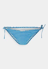 Parte de baixo de biquíni em padrão vichy azul e branco, com bordas franzidas e laços laterais. Feita de tecido elástico, desenhada para conforto e ajuste.