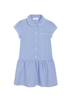 Robe à manches courtes en tissu vichy bleu et blanc, avec col Claudine, boutons sur le devant, poche poitrine et jupe froncée.