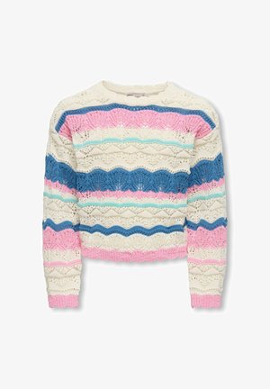 Krémový pletený svetr se zvlněnými okraji, zdobený horizontálními vlnitými pruhy v modré, růžové a světle tyrkysové barvě, s kulatým výstřihem a dlouhými rukávy.
