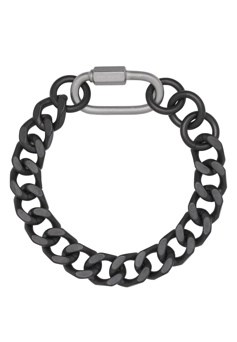 Schwarzes und graues Kettenarmband mit ovalen und runden Gliedern, die eine kontrastierende glatte Textur aufweisen, sowie einem silbernen Hardware-Akzent, der mit "DAVIDOFF" beschriftet ist.