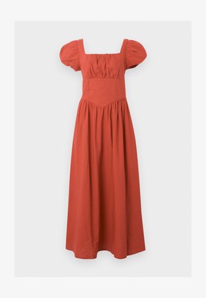 Roostetoranž maxi kleit, millel on õhulised lühikesed varrukad, ruudukujuline kaelus, keha järgnev ülaosa ja kogutud pikk seelik.