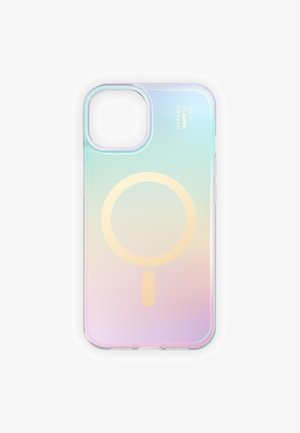 Custodia per telefono trasparente con sfondo gradient pastello e simbolo MagSafe circolare dorato, etichettato "Ideal of Sweden."