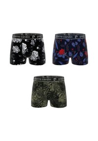 Trois paires de caleçons pour hommes : noirs avec imprimé floral blanc, bleu marine avec motif floral rouge et bleu, et vert foncé avec motif de feuillage ; tous dotés de ceintures élastiques.