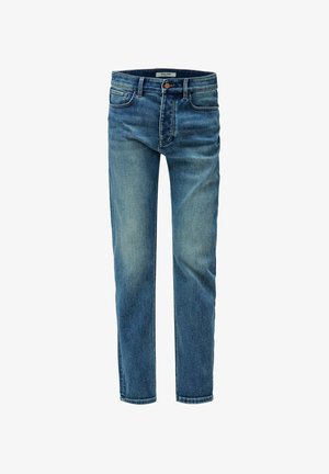 Kavne jeans iz modrega denima s ravno krojem, petimi žepi, kovinskim zapiranjem na gumb in svetlimi madeži na sprednji strani za obrabljen videz.