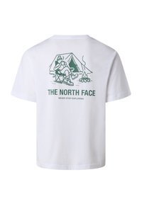 Bílá tričko s zelenou ilustrací osoby tábořící u stanu a ohniště, s texty "THE NORTH FACE" a "NEVER STOP EXPLORING".