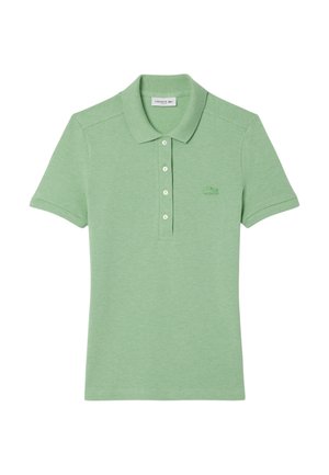 Light green polo shirt made of soft fabric, featuring a classic collar, three-button placket, and a small embroidered logo on the chest.