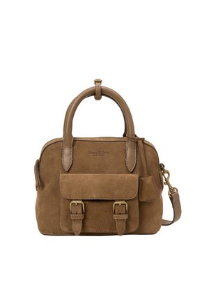 Brązowa zamszowa torebka z skórzanymi uchwytami, przednia kieszeń z klamrą i odczepianym paskiem na ramię, marki Marc O’Polo.