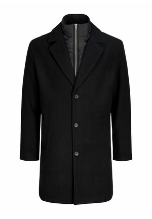 Black wool blend coat featuring a notched collar, five-button front closure, and side pockets. Interior includes a quilted lining.