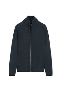 Cardigan blu navy in maglia con colletto e polsini a coste, dotato di chiusura a zip integrale e due tasche laterali. Tessuto morbido e texturizzato.