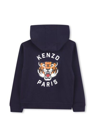 Sweatshirt à capuche bleu marine en tissu texturé, avec un graphisme de tigre et le texte "KENZO PARIS" au dos en blanc et orange.