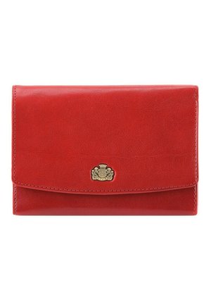 Red leather wallet with a smooth texture, featuring a gold-tone hardware logo on the front and a flap closure.