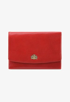 Red leather wallet with a smooth texture, featuring a gold-tone hardware logo on the front and a flap closure.