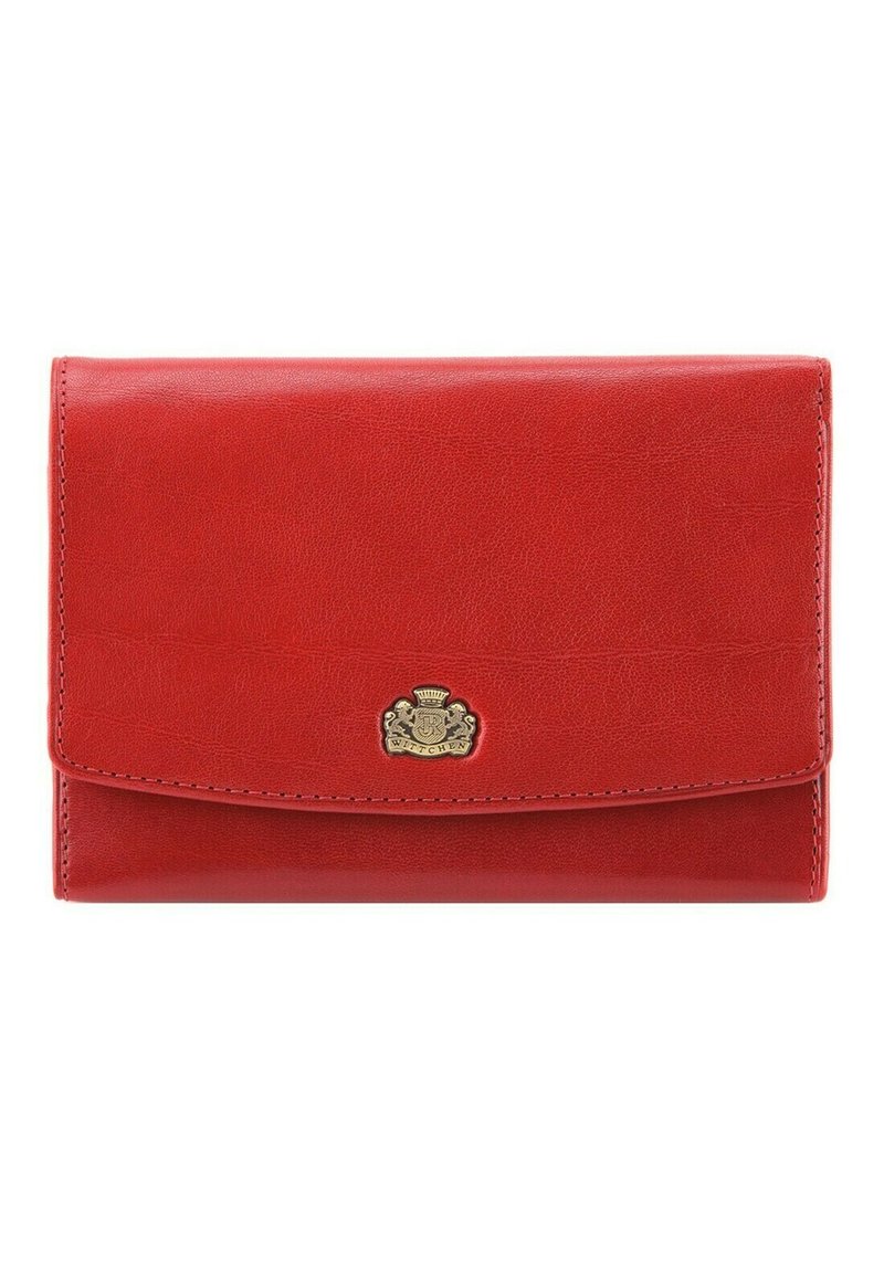 Red leather wallet with a smooth texture, featuring a gold-tone hardware logo on the front and a flap closure.