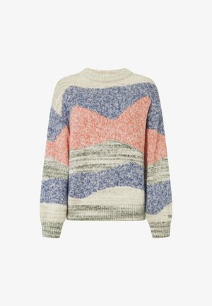 Kootud sviiter, millel on kreemipesa ja lainelised mustrid korallpunastes, sinistes ja rohelistes toonides. Ümar kaelus ja soonikkoes varrukaseljad, keskmise paksusega.