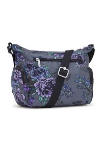 Kukkakuvioinen olkalaukku, harmaa kangas violetein ja vihrein kuvioin, säädettävä olkahihna, etutasku vetoketjulla, kaksi sivutaskua, pehmeä pinta.