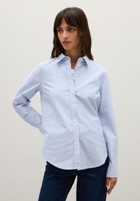 Camicia a righe blu chiaro e bianca con colletto a punta, maniche lunghe e orlo curvo. Il tessuto appare morbido e leggero.