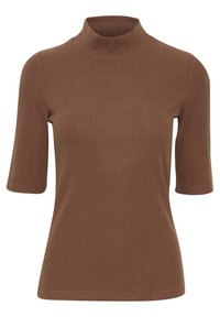 Brown ribbed turtleneck top with short sleeves, featuring a fitted silhouette and smooth texture. Simple design with no patterns or accents.