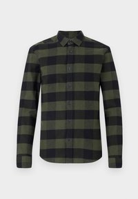 Langsleeve geruite shirt in donkergroen en zwart. Heeft een kraag, een knoopsluiting aan de voorkant en blauwe knopen. De stof heeft een zachte textuur.