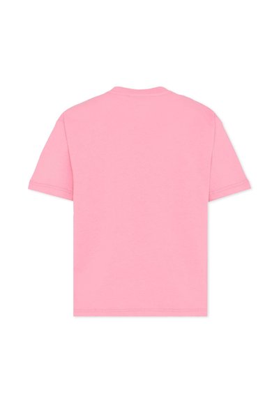 T-shirt a maniche corte e collo tondo in cotone rosa chiaro, caratterizzato da linee pulite e una parte posteriore semplice senza grafiche o decorazioni.