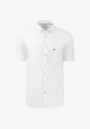 White short-sleeve button-down shirt with buttoned collar, chest pocket, and small dark blue embroidered logo on pocket.