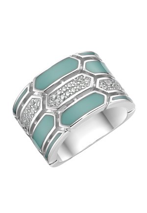 Wide silver ring with alternating turquoise enamel and small clear crystals in geometric patterns.