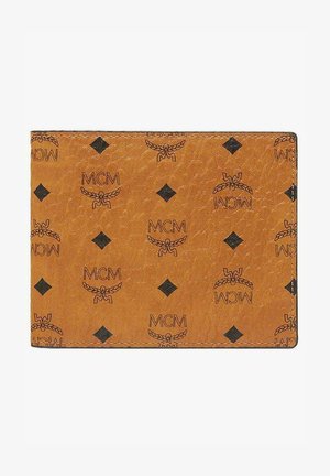 Brown leather wallet featuring embossed black MCM logos and diamond patterns, with a textured finish and stitched edges.