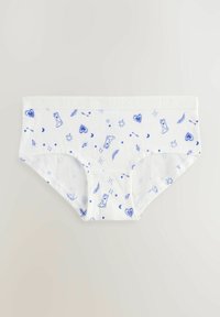 Slip da uomo in cotone bianco con una stampa blu di vari motivi, tra cui stelle, cuori e stivali. Comodo al tatto con una vita elasticizzata.
