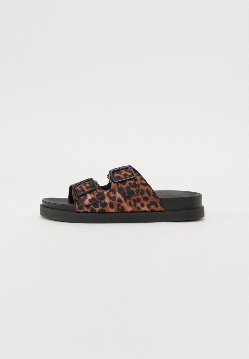 Leopard print slide sandals with two adjustable buckle straps, black rubber sole, and a smooth upper material.
