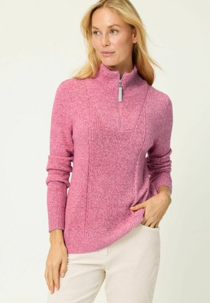 Fleece-Pullover in Rosatönen, ausgestattet mit einem hohen Kragen und einem halben Reißverschluss, strukturierter Strickoptik und gerippten Bündchen. Lässiges und leichtes Design.
