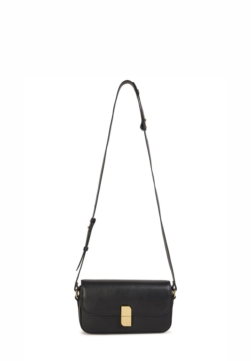 Black leather crossbody bag with a rectangular shape, gold hardware accent, and adjustable strap, featuring a flap closure and smooth texture.
