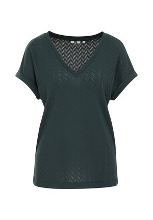 Tmavě zelený krátký rukáv top s výstřihem do V, který má texturovaný herringbone vzor a uvolněný střih. Lehce a prodyšný materiál.