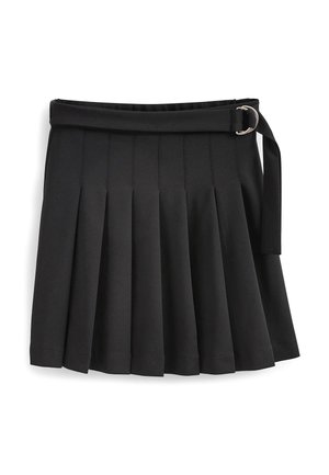 Jupe noire plissée avec une ceinture latérale dotée d'une boucle double anneau argentée, posée à plat sur un fond blanc.