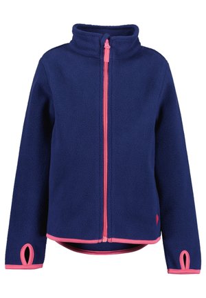 Veste en polaire bleu marine avec fermeture éclair rose, bordure rose aux poignets et à l'ourlet, col montant et trous pour le pouce sur les manches.