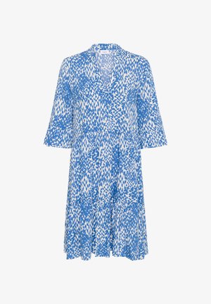 Modrá a biela šaty s vzorom, s výstrihom do V, krátkymi rozšírenými rukávmi a voľným strihom s vrstvenou sukňou. Bavlnený materiál.