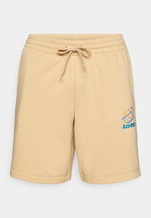 Beige Baumwollshorts mit einem elastischen Bund und Kordelzug. Auf der Vorderseite befindet sich ein blau-orangefarbenes Logo. Glatte Textur.