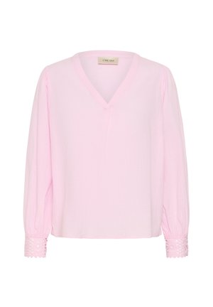Bluză roz deschis cu mâneci lungi, decolteu în V și detalii din dantelă pe manșetele elastice, prezentată pe un fundal alb simplu.