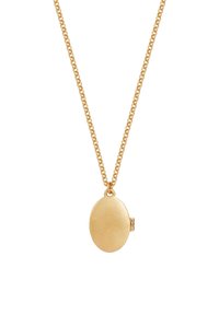 Auksinė vėrinys su ovaliu medaliono pakabuku. Pakabukas yra lygus, turi užsegimą ir kabinasi ant subtilaus sujungtų grandinėlių kaklo raiščio.