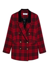 Rot kariertes, doppelt geknöpftes Blazer-Jackett mit schwarzem Samtkragen, goldenen Knöpfen, zwei Fronttaschen und strukturierten Schultern.