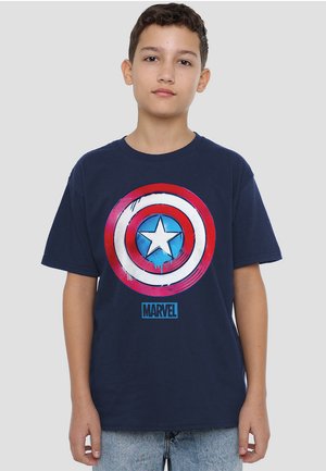 Navy blue t-shirt with short sleeves featuring a large red and white circular graphic of a star emblem and "MARVEL" logo at the bottom.