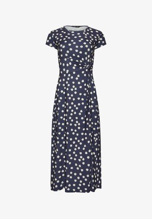 Marineblaues Maxi-Kleid mit kurzen Ärmeln, weißen Polka-Dots und seitlicher Knotendetail am Taillenbereich.