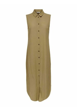 Ærmeløs olivengrøn kjole med krave, knapfront og lige facon. Glat tekstur, knælængde og ingen yderligere mønstre.