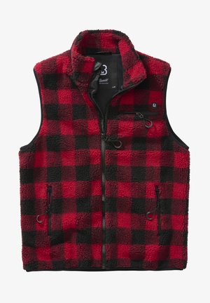 Chaleco de forro polar a cuadros rojo y negro con cuello alto, dos bolsillos laterales y un bolsillo en el pecho con cremallera; tejido texturizado y ligero.