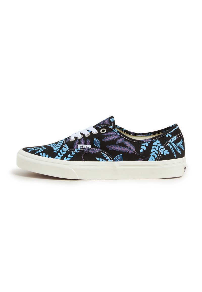 Black canvas sneakers with a floral pattern in light blue and purple. White laces and rubber outsole. Low-top design.