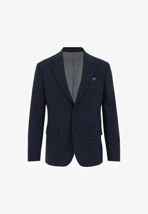 Navy blue checked blazer with a notched lapel, single button closure, two front pockets, and a pocket square detail. Lined interior.