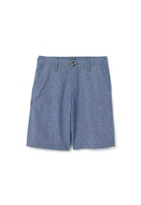 Lichtblauwe katoenen shorts met een knoopsluiting, twee voorkockets en een gladde textuur. Knie-lengte met een klassiek ontwerp.