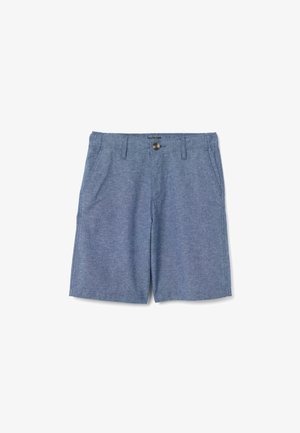Shorts di cotone azzurro chiaro con chiusura a bottone, due tasche frontali e una texture liscia. Lunghezza al ginocchio con un design classico.