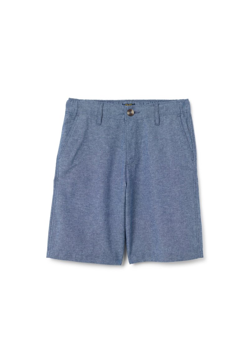 Lichtblauwe katoenen shorts met een knoopsluiting, twee voorkockets en een gladde textuur. Knie-lengte met een klassiek ontwerp.