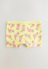 Gule bomulds-boxershorts med et gentaget mønster af pink flamingoer med blå accenter. Elastisk talje med brandlogo.
